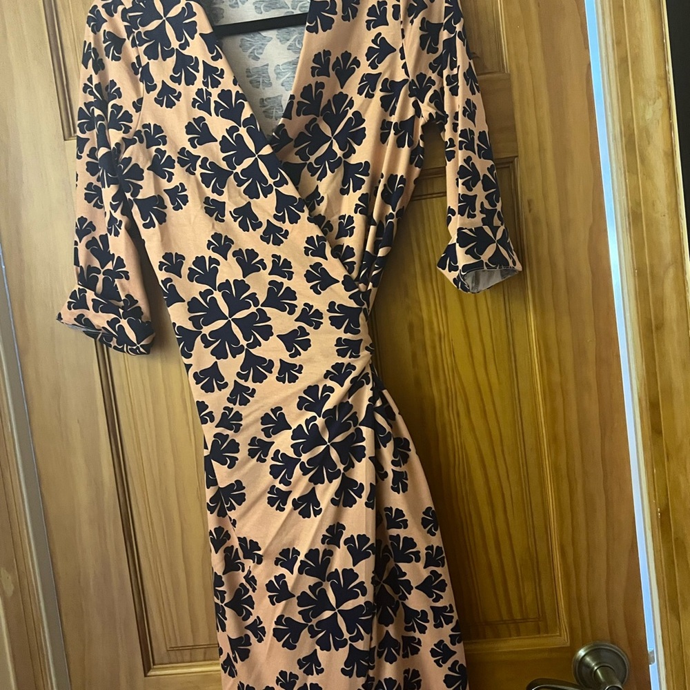 Diane Von Furstenberg Peach and Black Floral Midi Dress